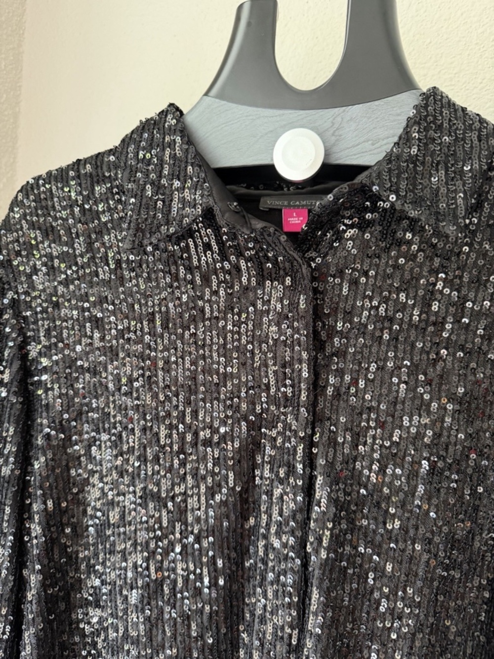 Vince Camuto Women's Black Sequin Button-Down Collared Long Sleeve Blouse L - Picture 2 of 6